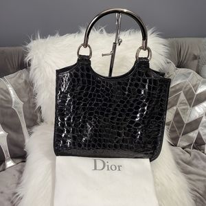 Authentic Christian Dior Croc Embossed 61 Tote Black patented leather